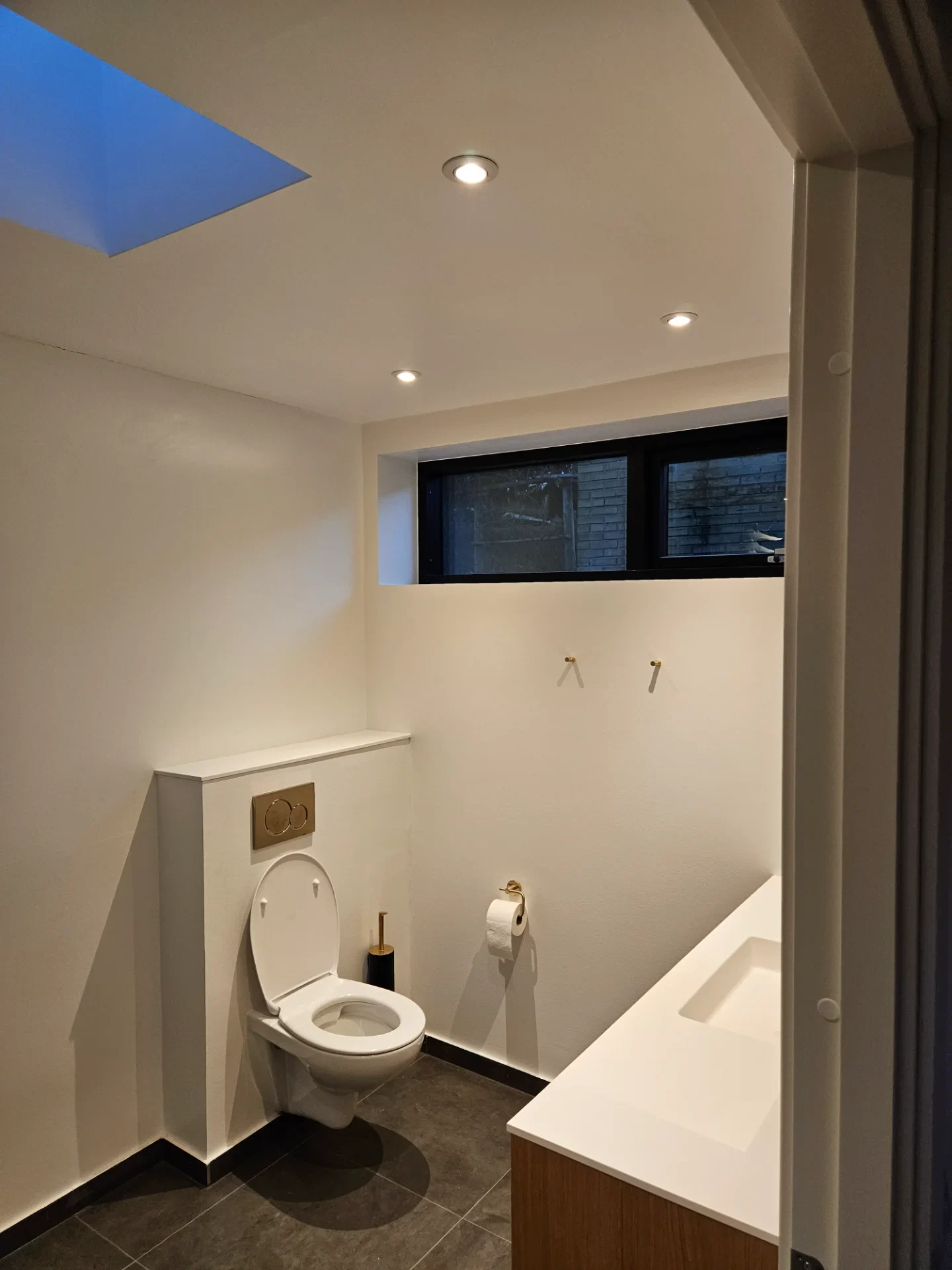 VVS-badeværelse med loftsvindue, toilet og vask, moderne belysning og minimalistisk stil. Perfekt ti.