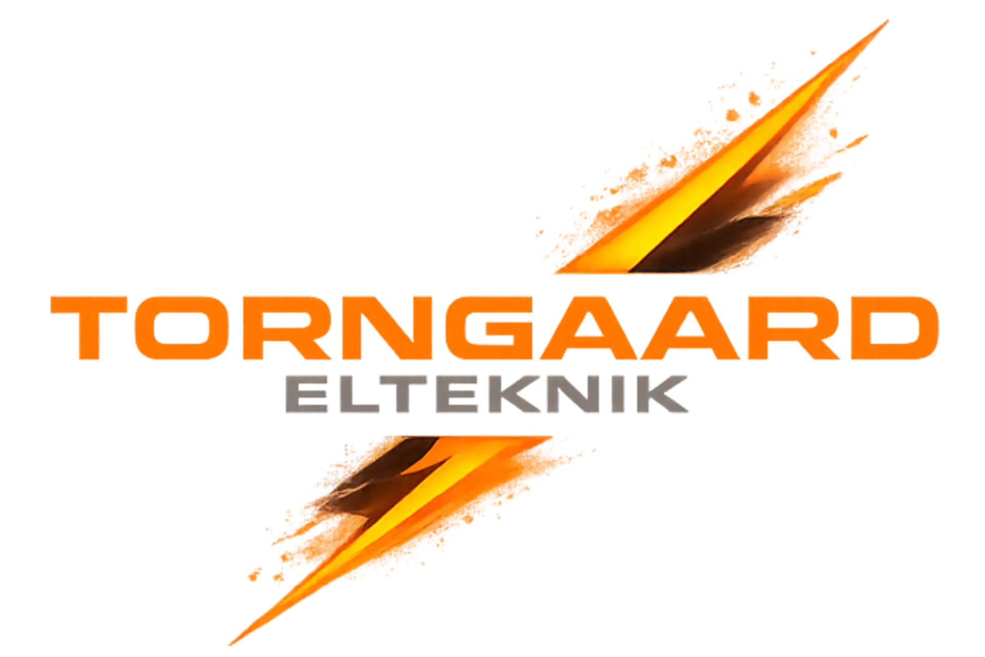 Højvolts elektrisk komponent med brandfarlig baggrund, logo for Torngaard ElTeknik, elektriker og en.