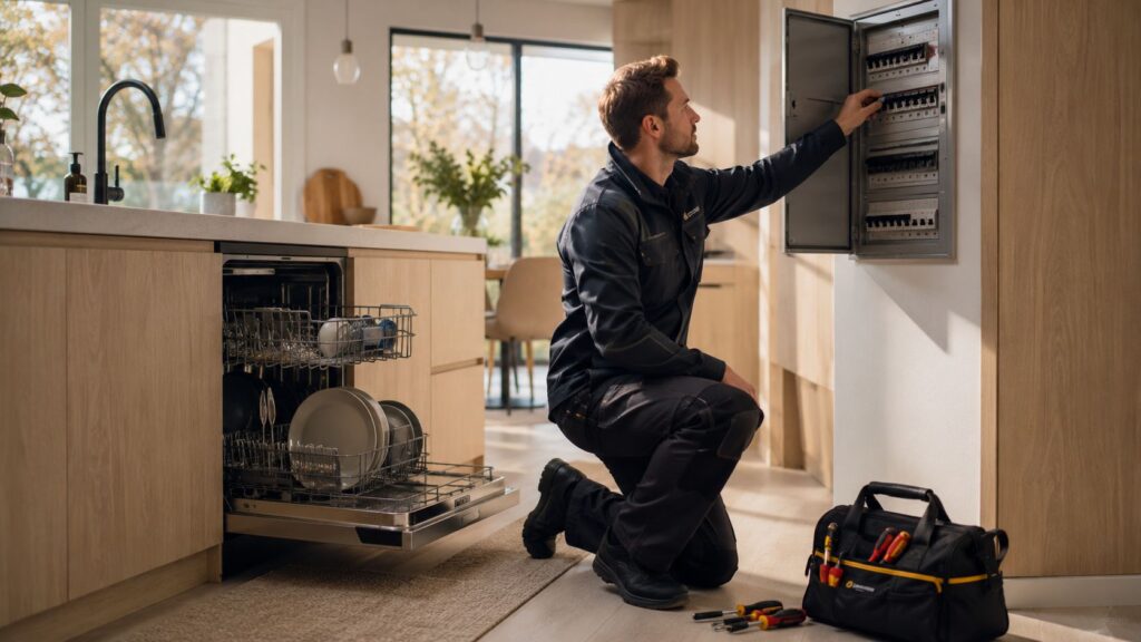 Elektriker installerer elpanel i moderne køkken.