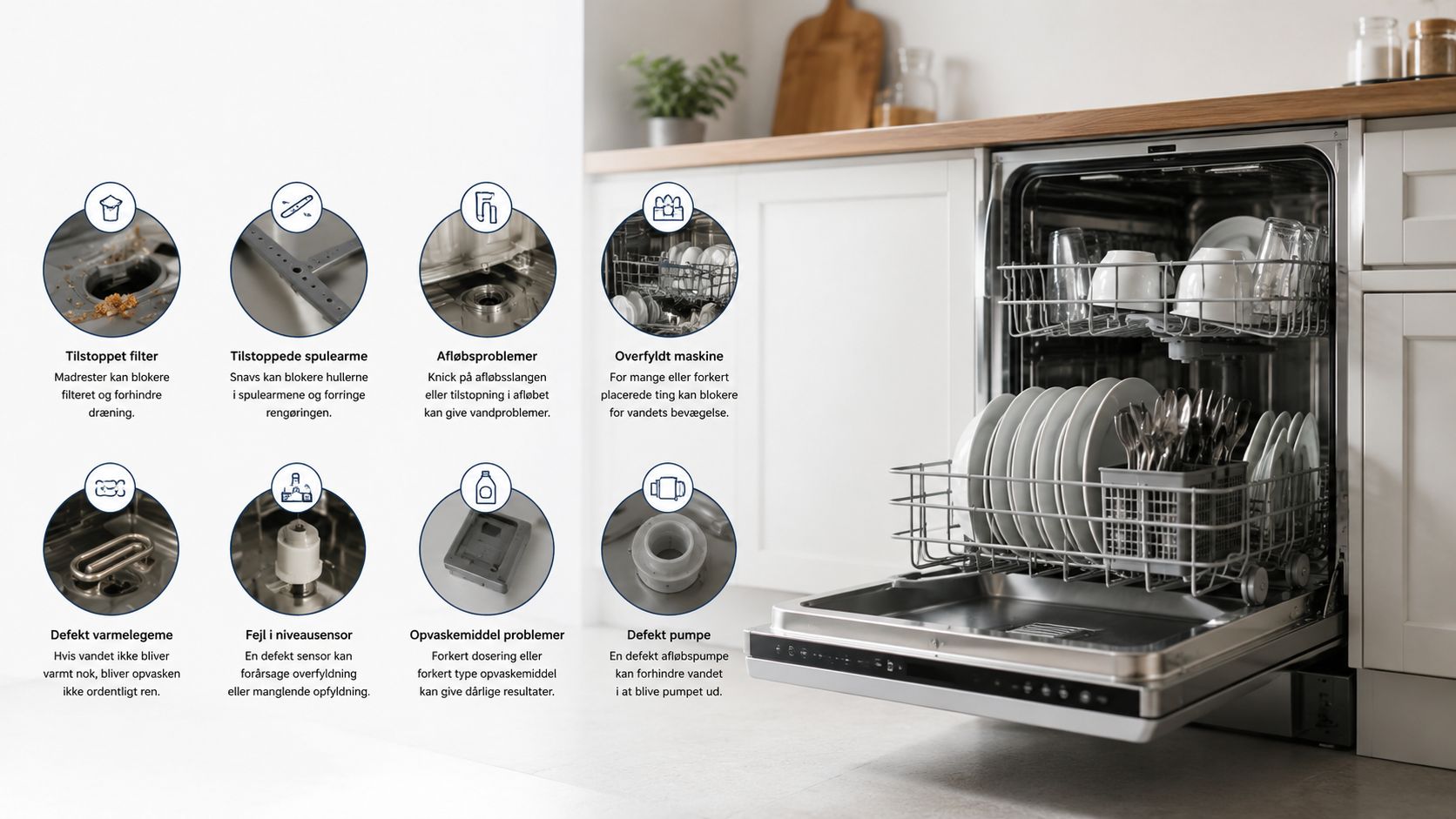 En infografik der viser otte almindelige årsager til problemer med opvaskemaskiner og fejlsøgning af opvaskemaskineproblemer.