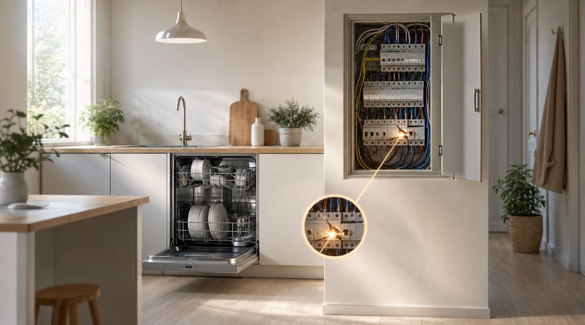 Et elektrisk sikringsskab i et moderne køkken hvor en løs forbindelse skaber gnister og afbryder strømmen.
