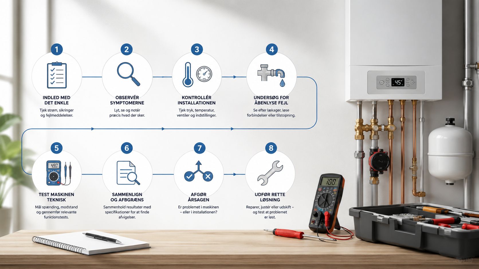 En infografik der illustrerer otte trin til fejlsøgning og reparation af en gasfyr eller varmepumpe installation.