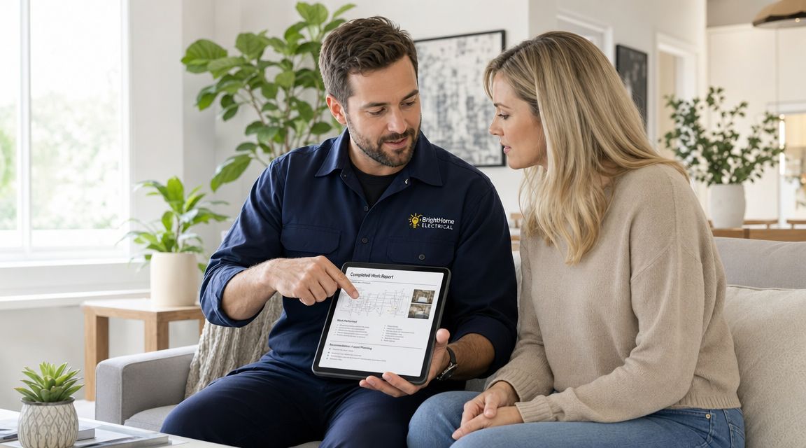 En professionel elektriker viser en rapport på en tablet til en kvindelig kunde i en stue.