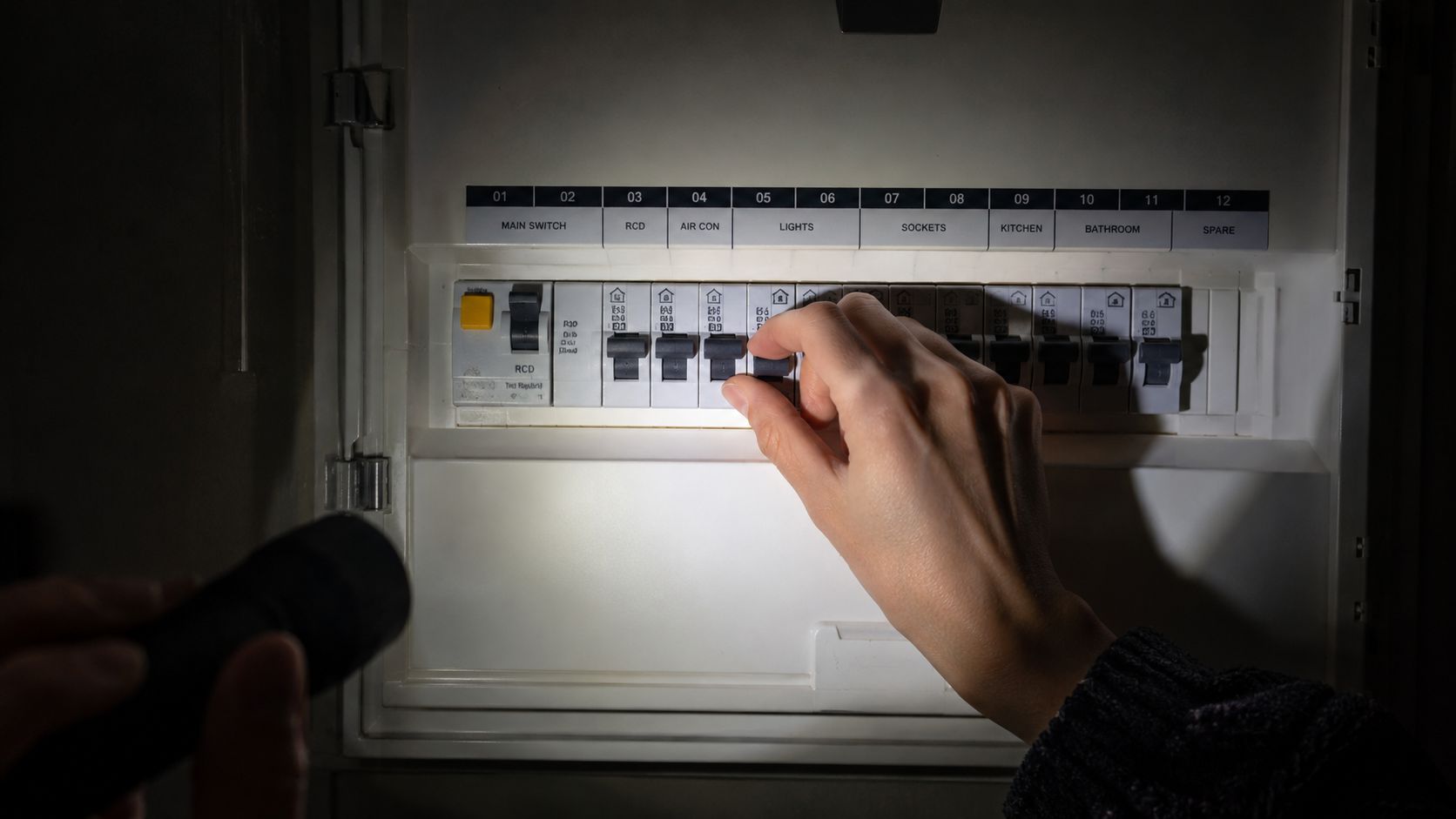 En person bruger en lommelygte til at tænde en sikring i et elektrisk sikringsskab i mørket.