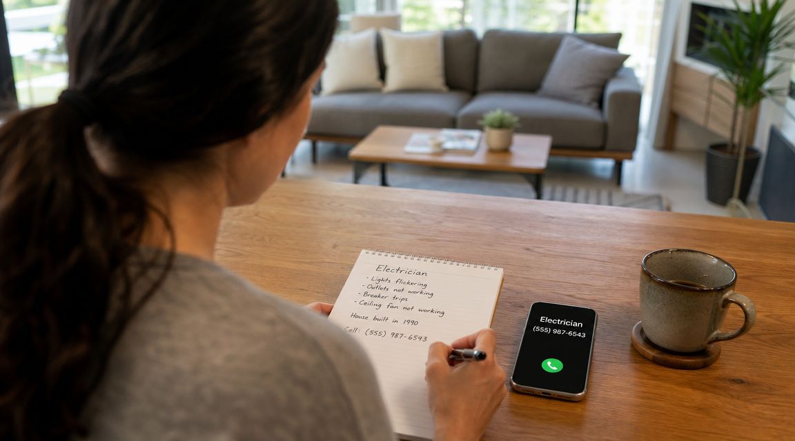 En kvinde skriver en note med elektriske problemer og ringer til en elektriker fra sin smartphone.