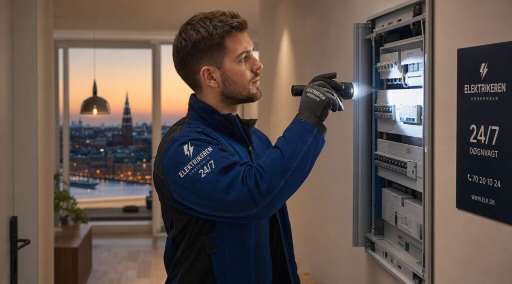 Elektriker i uniform arbejder på el-tavle i bolig med byudsigt.