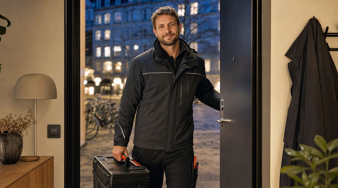 En smilende elektriker med en værktøjskasse træder ind gennem en åben dør i København om aftenen.
