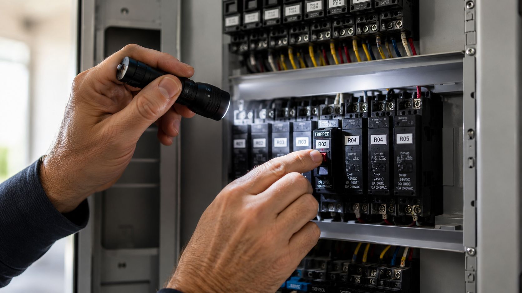 En elektriker undersøger et udløst relæ i et el-tavleskab ved hjælp af en lille lommelygte.