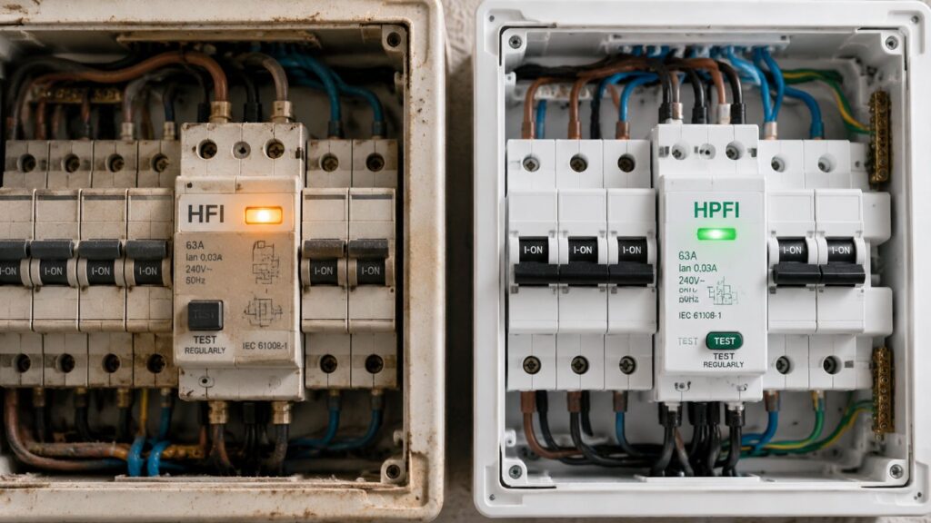 Elektrisk fordelingsboks med HFI- og HPFI-afbrydere til sikring.