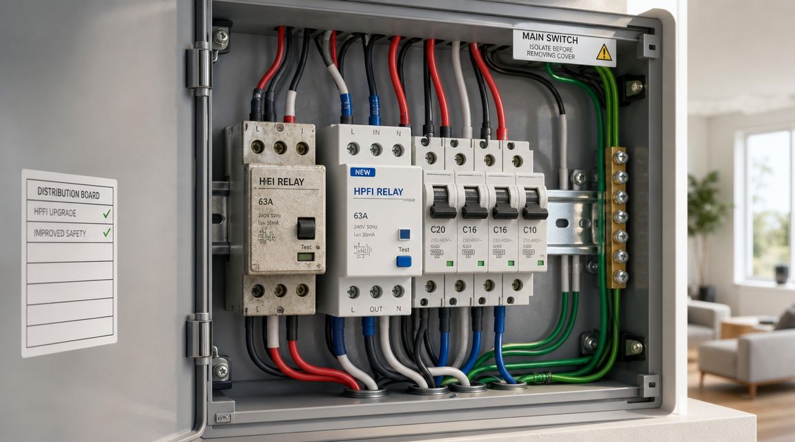 Et elektrisk sikringsskab med moderne HPFI-relæer og automatsikringer installeret for øget elsikkerhed i en bolig.