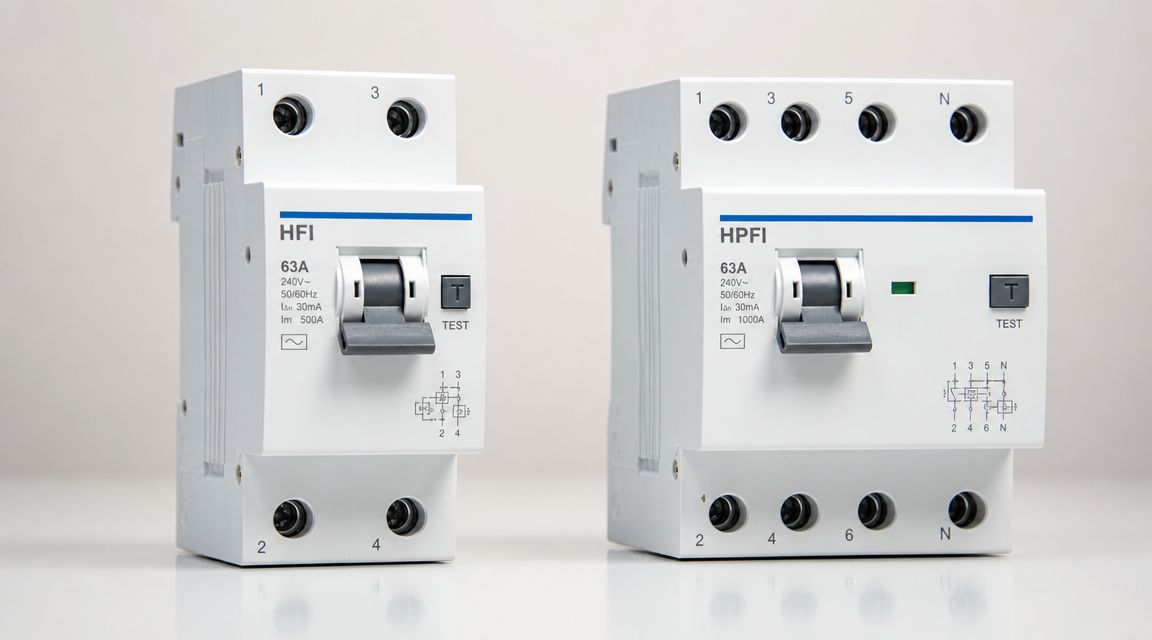 To hvide HPFI-relæer til elektrisk installation, der viser forskellen på en 2-polet og en 4-polet sikringsenhed.