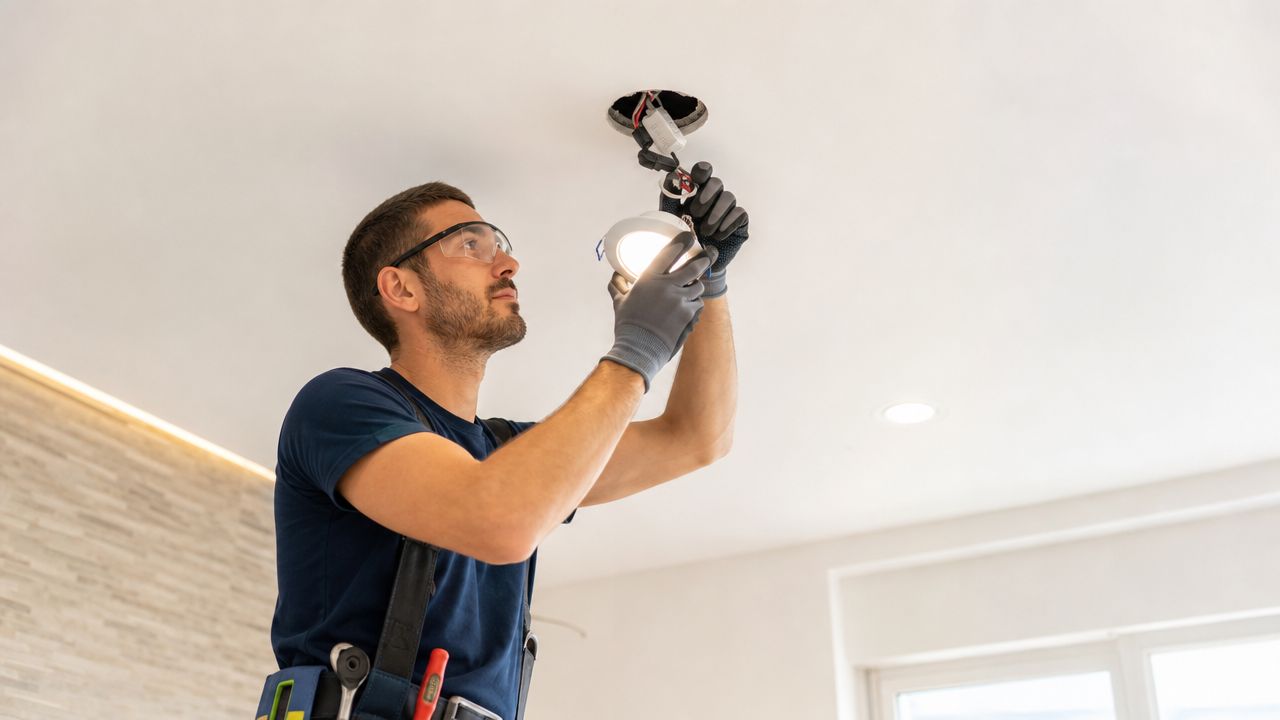 En professionel elektriker installerer et moderne indbygget LED-spotlys i et hvidt loft i et lyst rum.