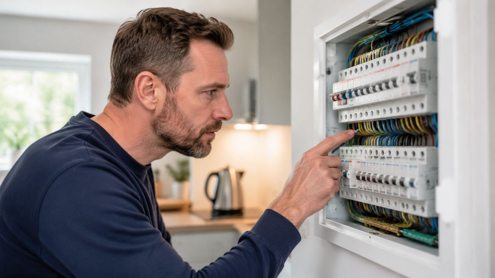 En midaldrende mand i en blå trøje undersøger et elektrisk sikringsskab med mange ledninger og kontakter.