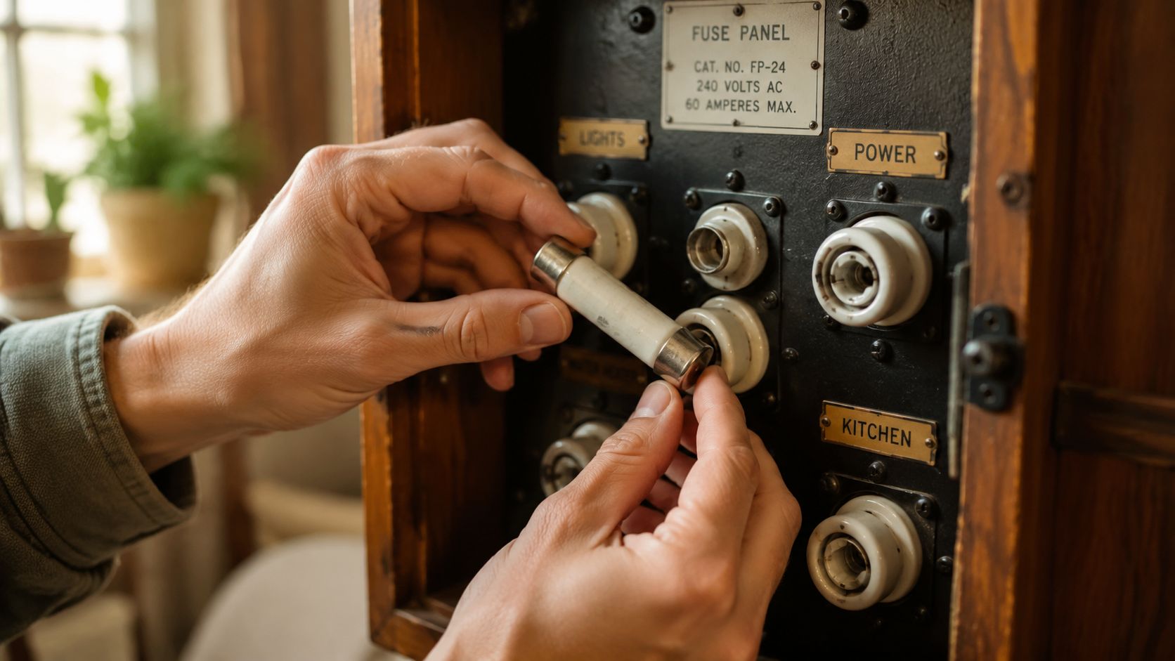 En person udskifter en gammel keramisk sikring i et klassisk elektrisk sikringspanel med trækasse.