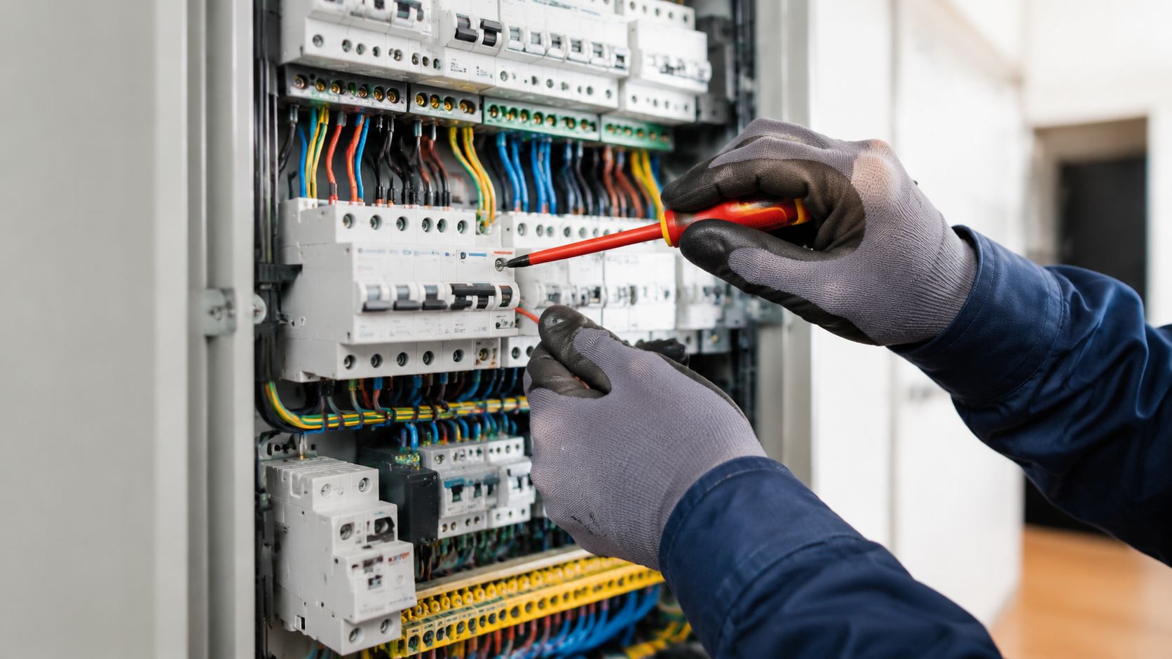 En elektriker installerer elektriske komponenter i et tavleanlæg med professionelt værktøj og sikkerhedshandsker for optimal sikkerhed.