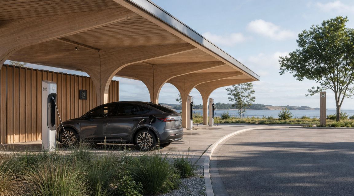 En moderne elbil parkeret ved en stilfuld ladestation af træ med udsigt over det åbne hav.
