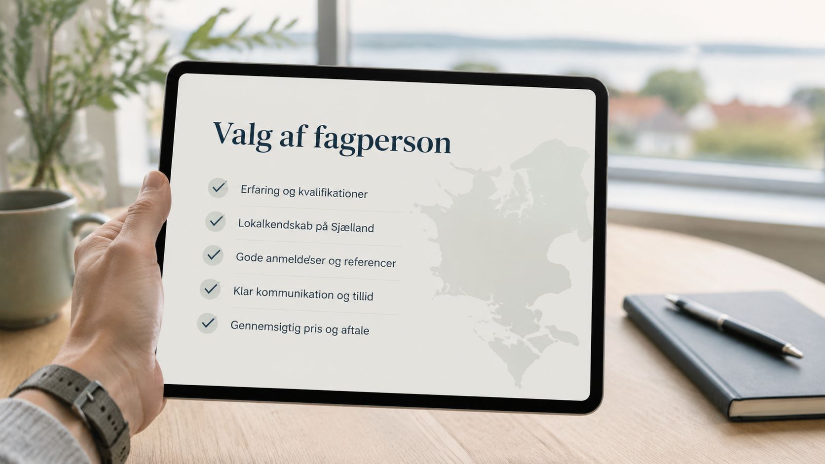 En hånd holder en tablet med en tjekliste over vigtige kriterier ved valg af en professionel fagperson.