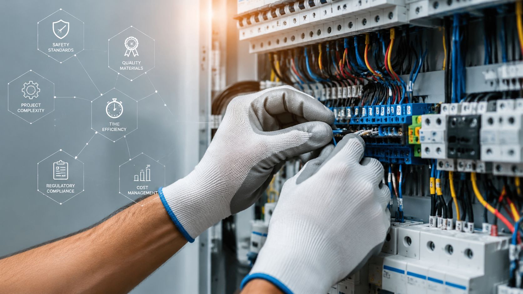 En elektriker iført beskyttelseshandsker arbejder koncentreret med komplekse elektriske installationer i et sikringsskab med professionelle procesikoner i baggrunden.