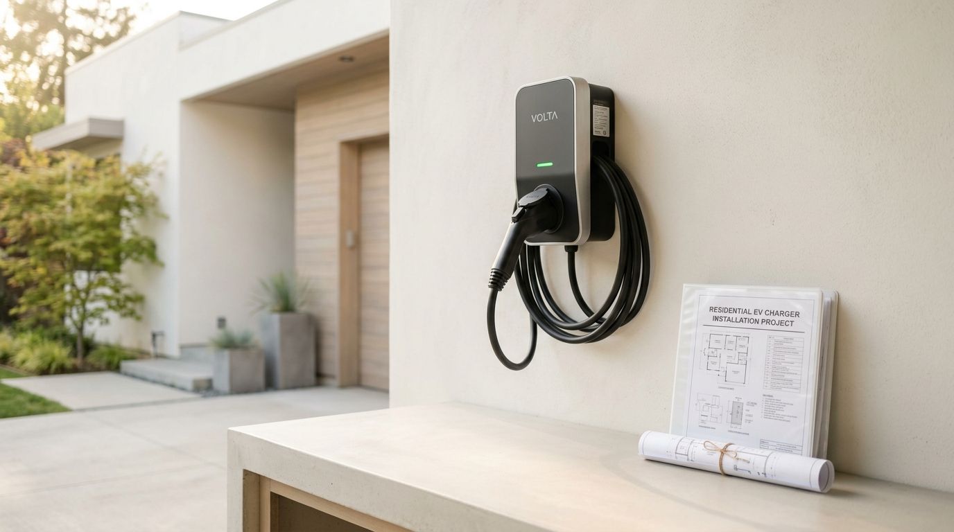 En moderne elbiloplader installeret på en væg ved et hus, klar til brug med plantegninger.