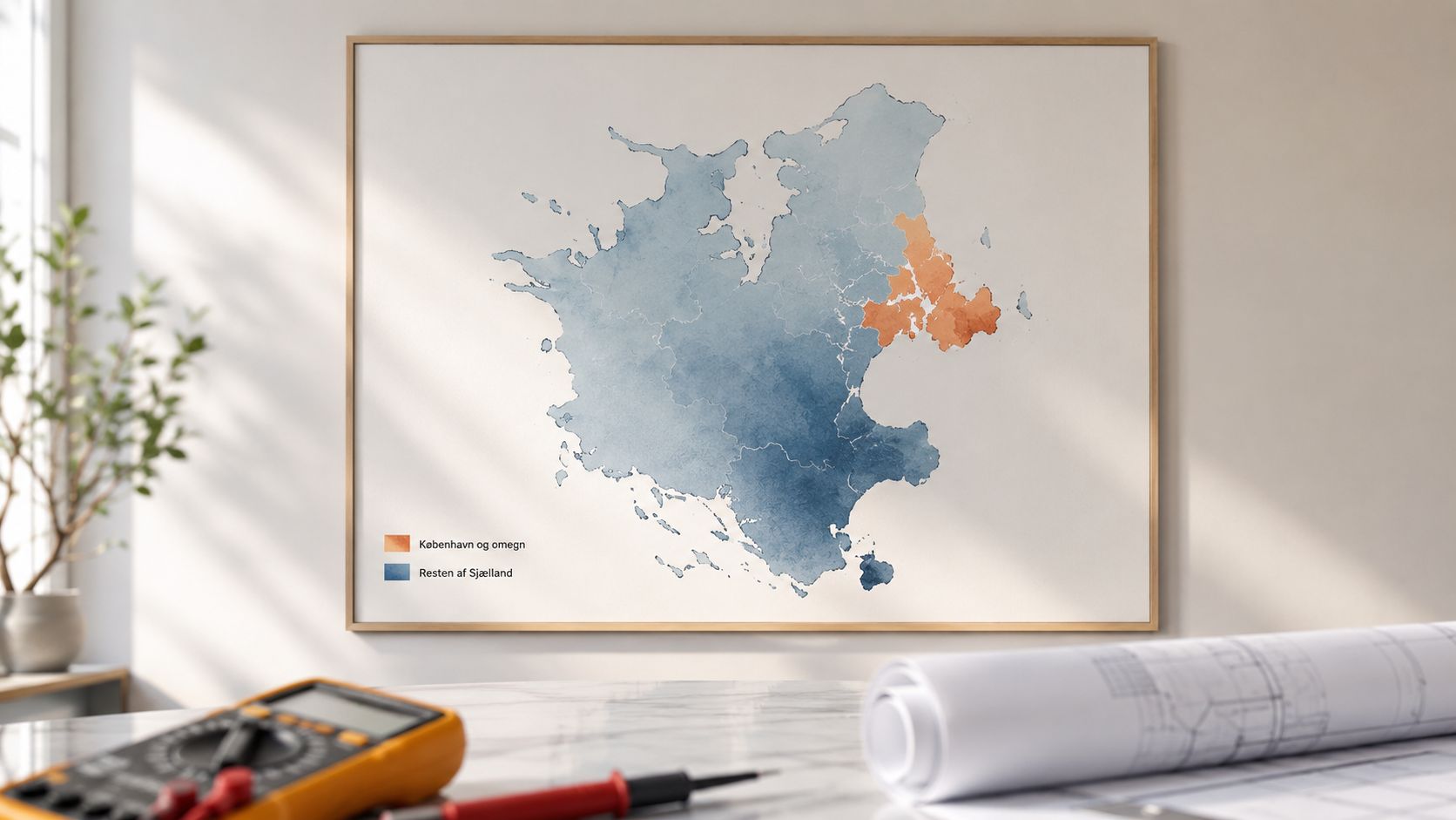 Et vægkunstbillede af et vandfarvekort over Sjælland med København fremhævet i orange og resten i blåt.