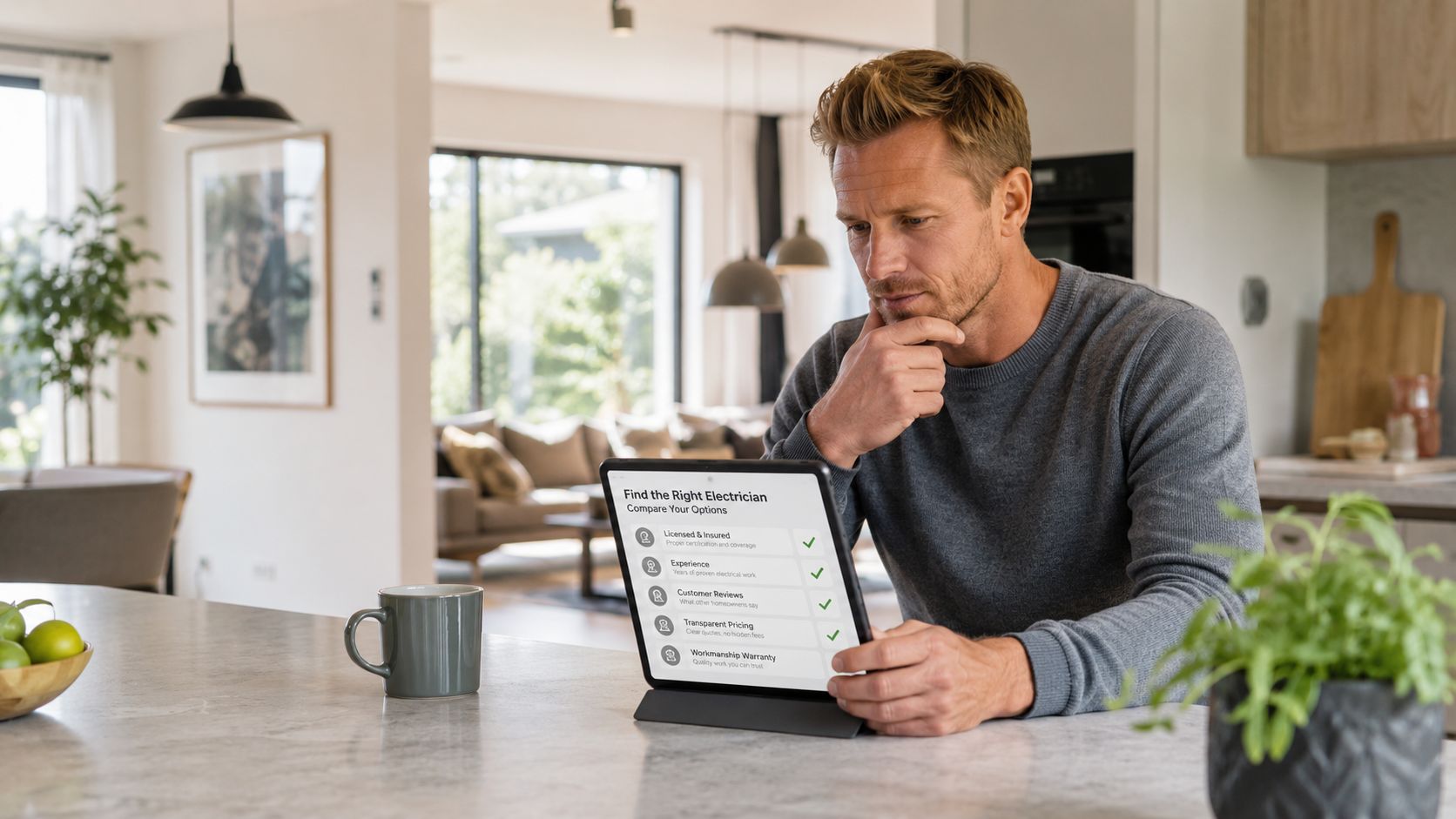 En mand sidder ved køkkenbordet og kigger på sin tablet for at vælge den rette elektriker.