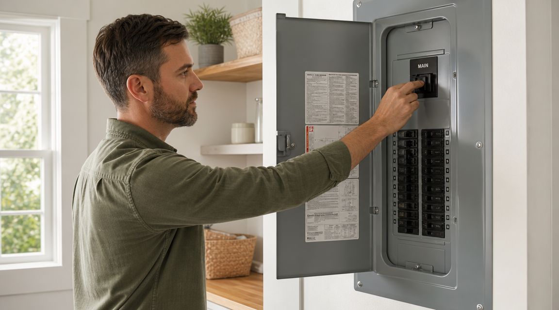 En mand står og tænder eller slukker for hovedafbryderen i et elektrisk sikringsskab i et hjem.