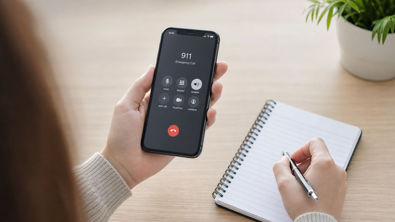 En person holder en smartphone med et nødopkald til 911, mens vedkommende skriver noter ned i en notesbog.