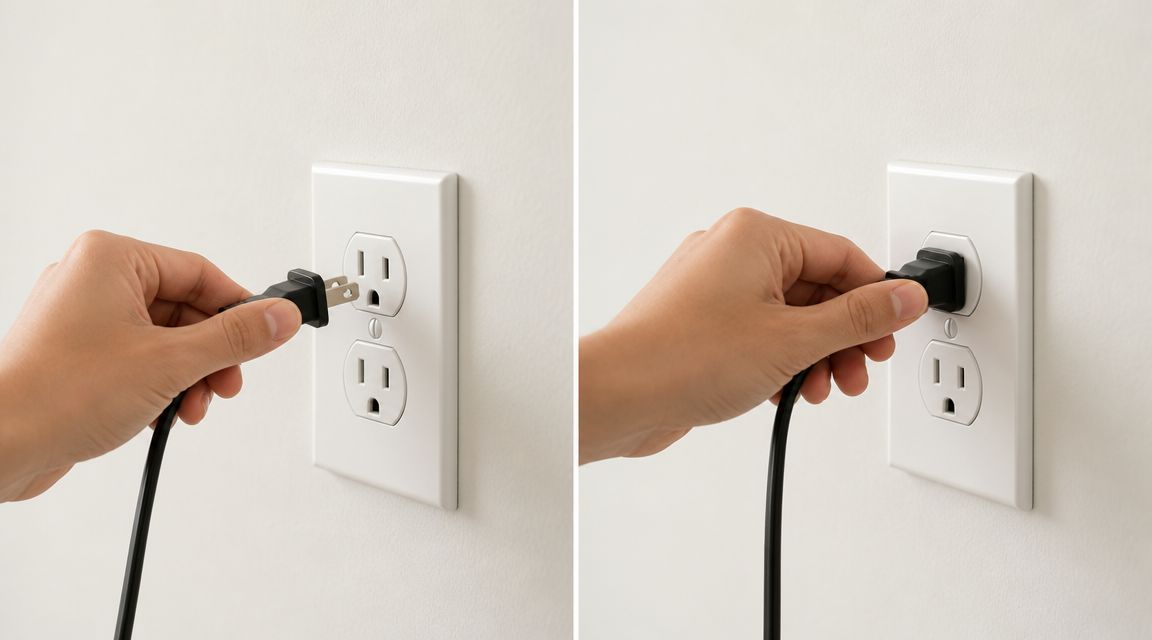 En person indsætter et sort elektrisk stik i en hvid stikkontakt på en væg i et nærbillede.