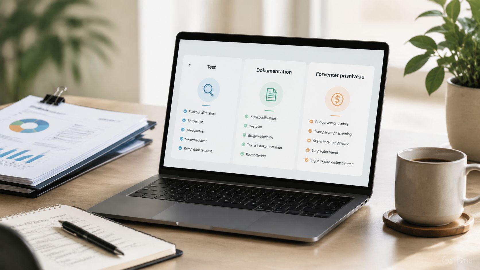 En bærbar computer på et kontorbord viser en oversigt over test, dokumentation og forventet prisniveau.