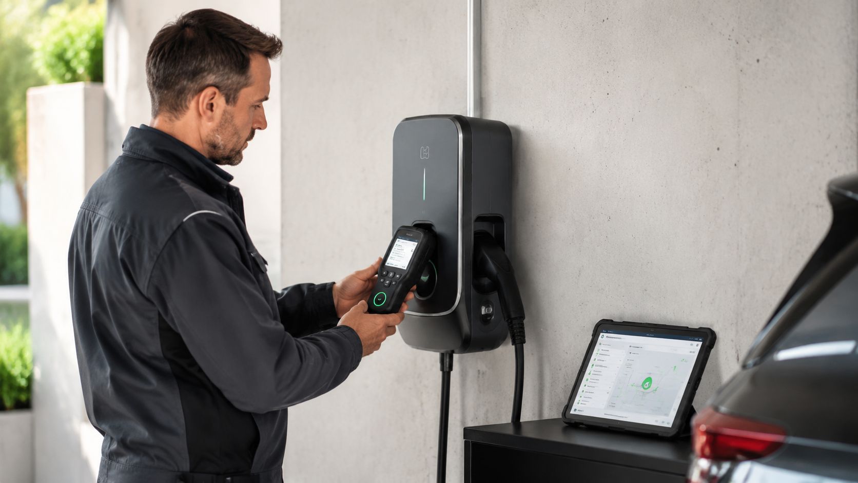 En tekniker foretager installation og konfiguration af en moderne elektrisk ladeboks til elbiler i en garage.