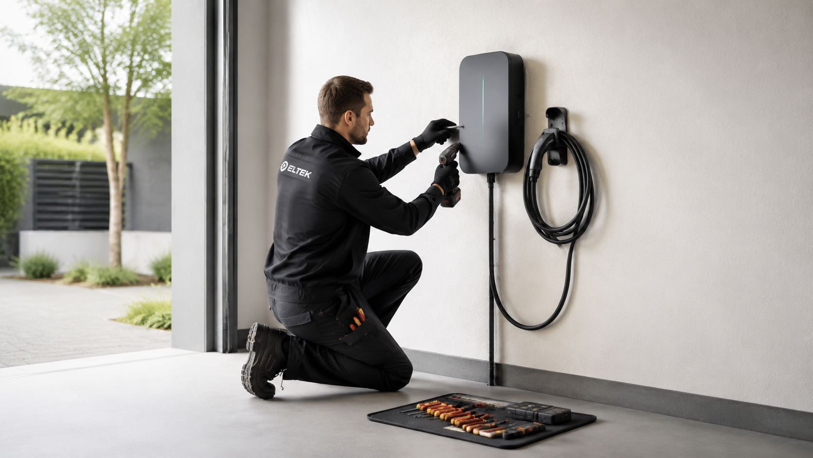 En tekniker i arbejdstøj installerer en moderne elektrisk ladeboks til elbiler på en hvid væg i en garage.
