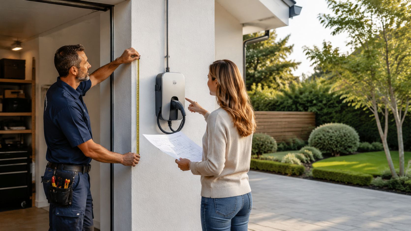 En elektriker måler op til installation af ladeboks til elbiler, mens en kunde kigger på plantegningen udenfor.