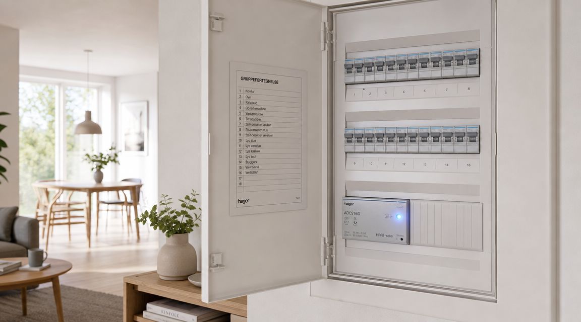 Et moderne el-tavle-skab i et hjem med et synligt HPFI-relæ og en gruppeoversigt over boligens elektriske kredsløb.