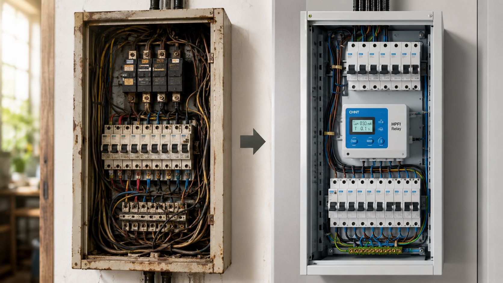 Sammenligning af et gammelt, slidt elektrisk el-tavle med en ny, moderne el-tavle med monteret HPFI-relæ.
