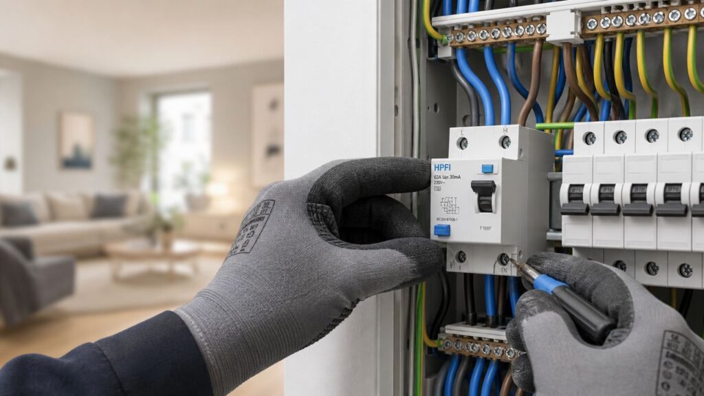 Elektriker installerer eludstyr i et elskab med farvede ledninger.