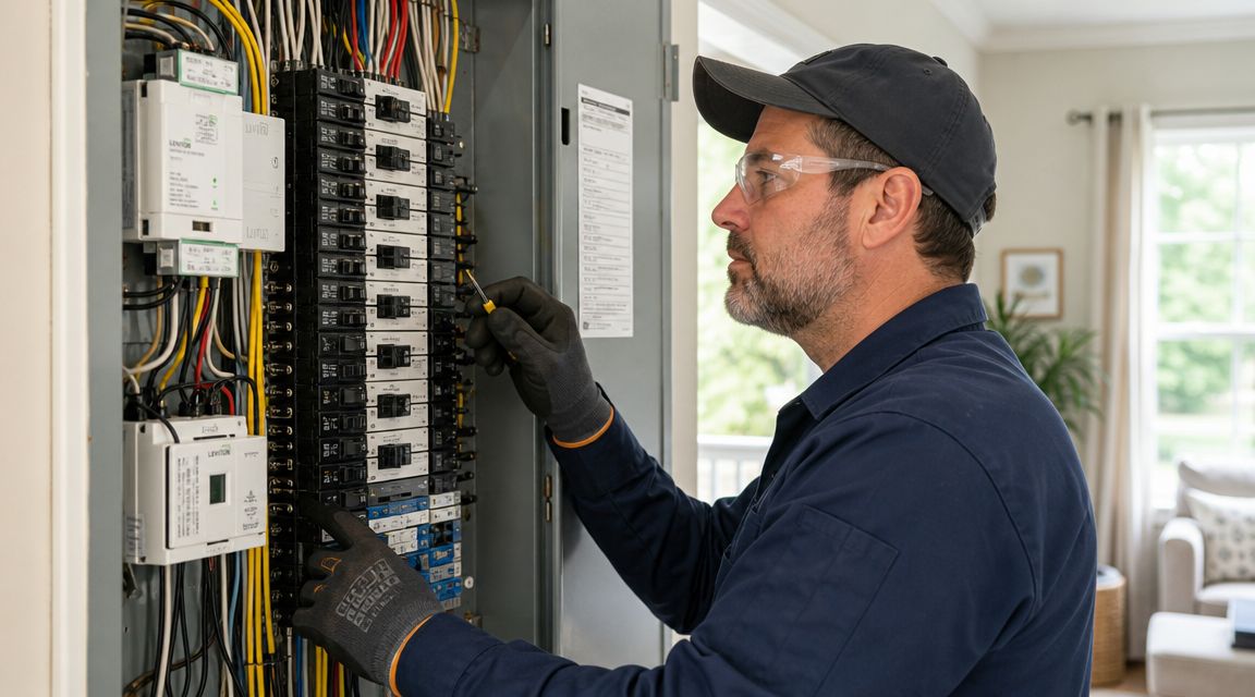 En professionel elektriker arbejder fokuseret på at installere eller vedligeholde en moderne elektrisk eltavle i et hjem.