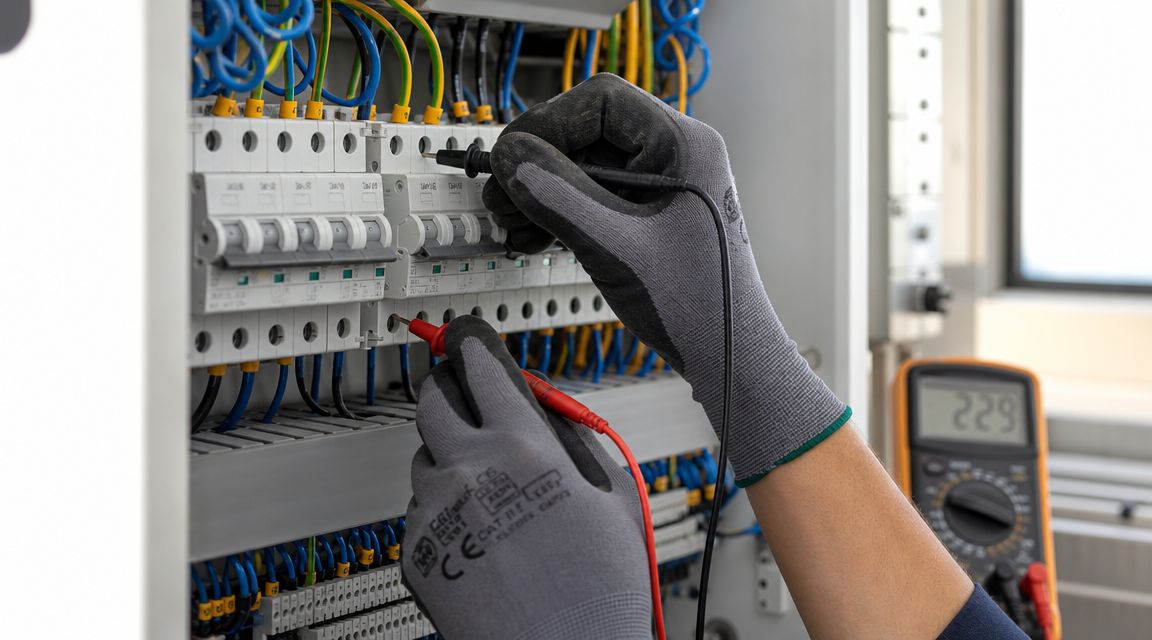 En elektriker måler spændingen i et elskab ved hjælp af et multimeter med isolerede arbejdshandsker på.