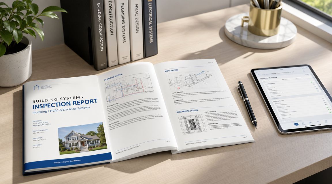 En rapport om bygningsinspektion af VVS, HVAC og el-systemer ligger åben på et skrivebord med værktøjer.