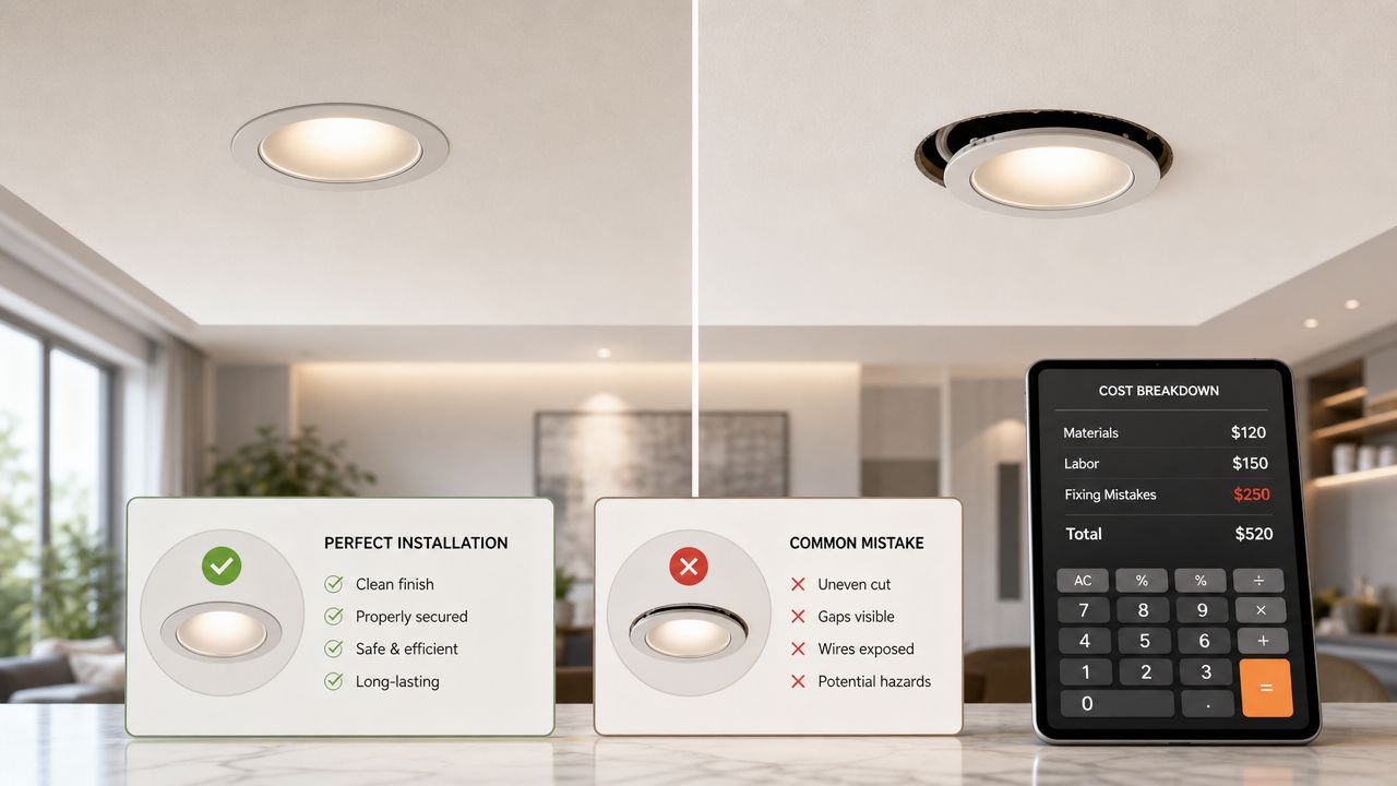 Sammenligning af korrekt og forkert installation af indbyggede spots i loft med fokus på omkostninger ved fejl.