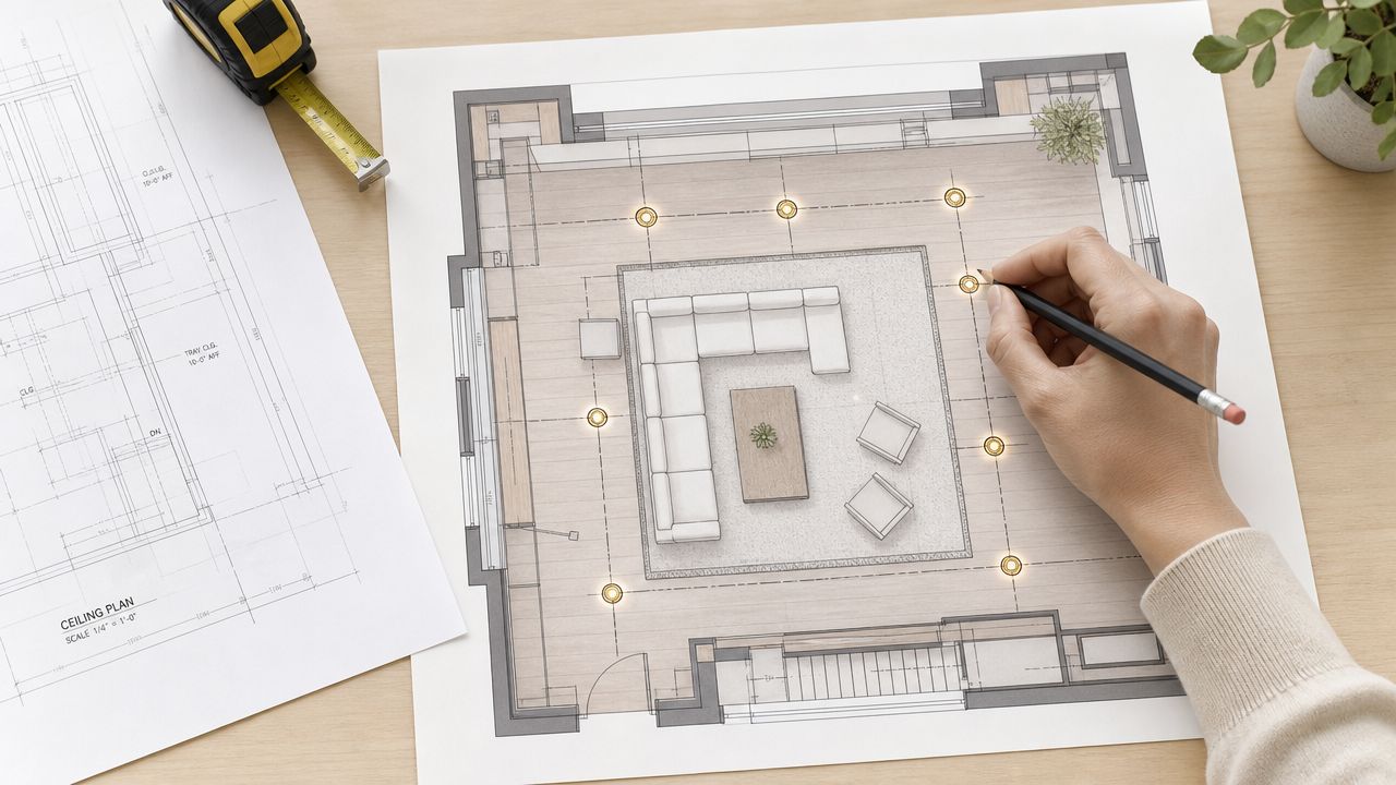 En hånd tegner belysningsplan med indbyggede spots på en arkitekttegning af en stue med sofa og møbler.