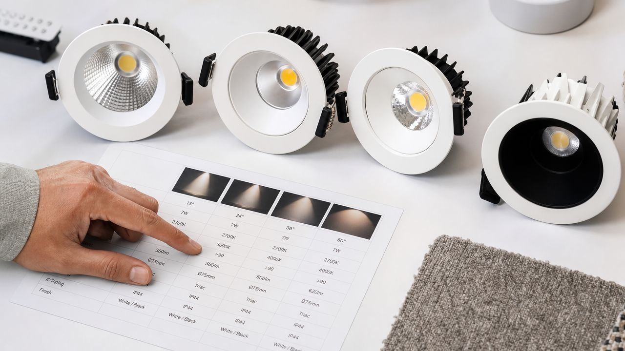 En hånd peger på en specifikationsliste for indbyggede spots ved siden af fire forskellige LED-lyskilder.