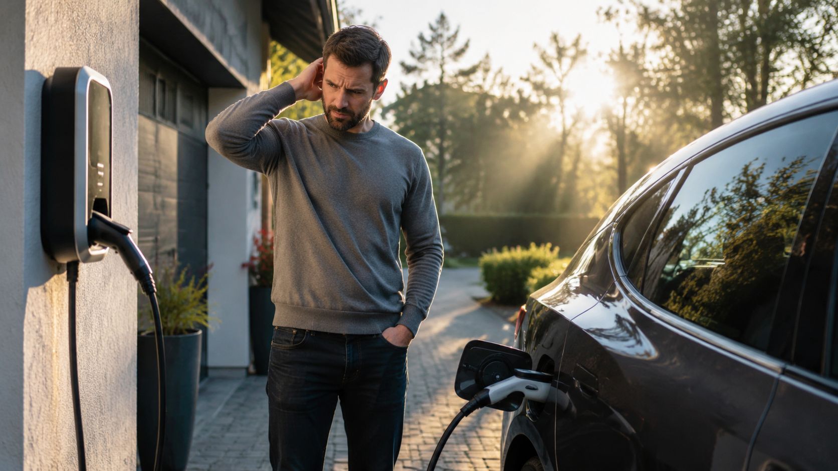 En mand står forvirret ved siden af sin elbil, der er tilsluttet en ladestander ved et hus.