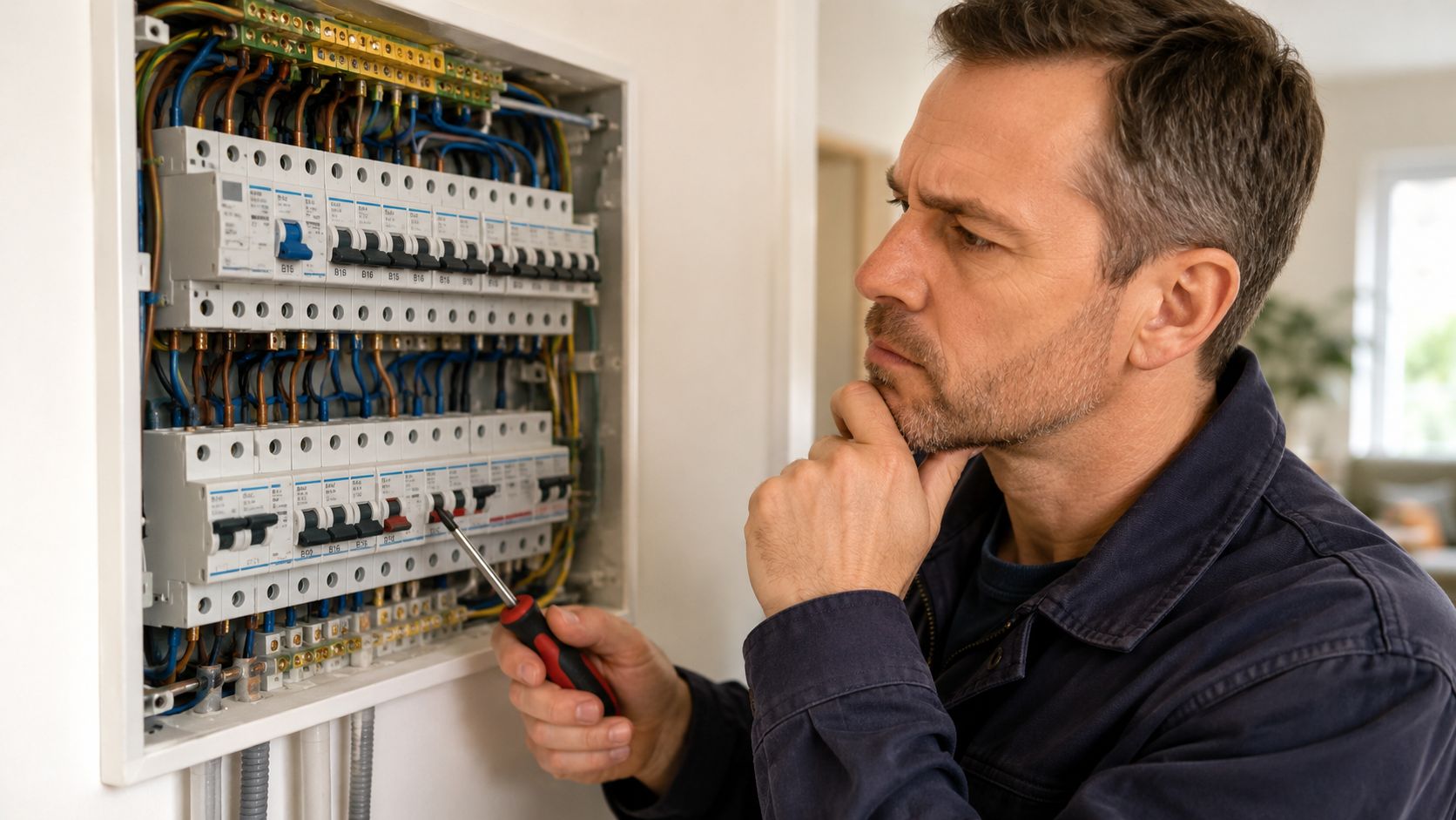 En elektriker der tankefuldt inspicerer en åben el-tavle med en skruetrækker i hånden i et hjem