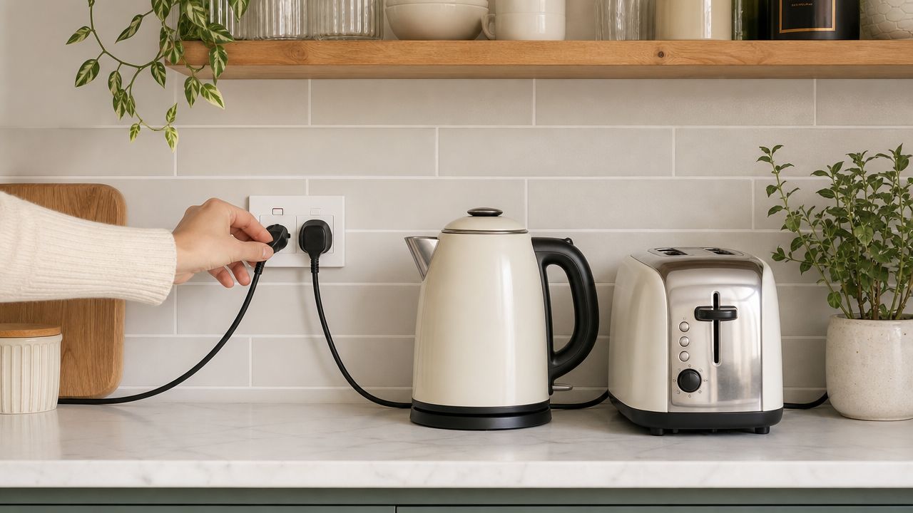 En hånd sætter et elektrisk stik i en stikkontakt ved siden af en elkedel og brødrister.
