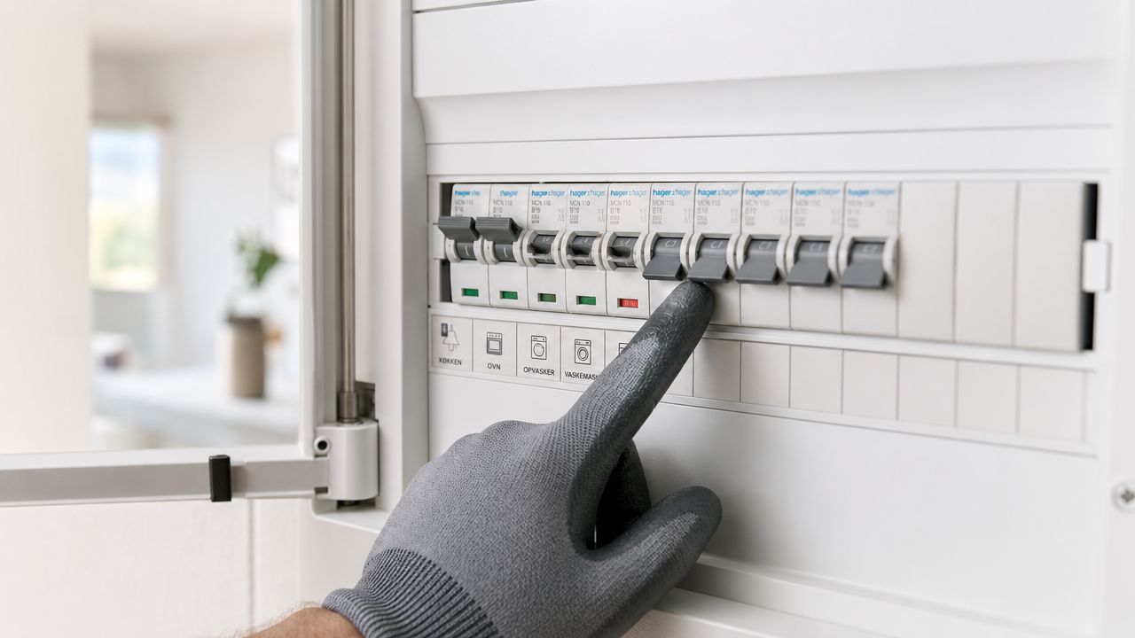 En hånd i en beskyttelseshandske, der slår en sikring til i et elektrisk sikringsskab i et hjem.