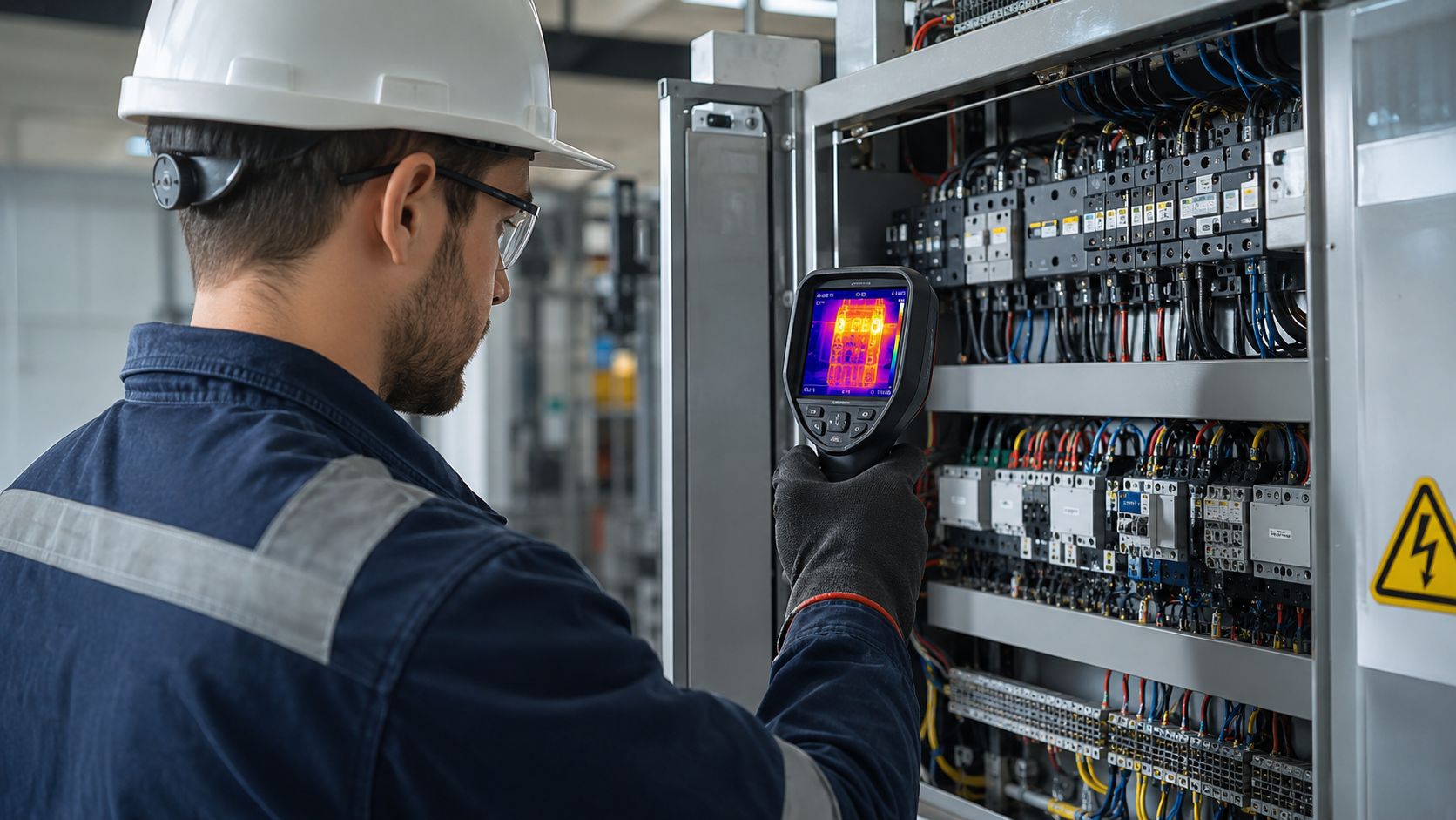Elektriker bruger termografikamera på eltavle for inspektion.