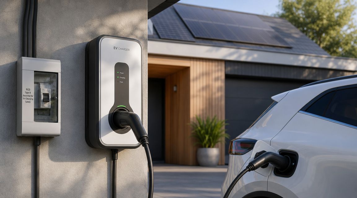 Elbil-ladestation installeret ved husvæg med solcellepaneler på taget.
