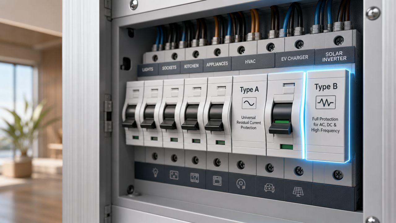 Elektrisk fordelingsskab med automatsikringer til bolig og erhverv.