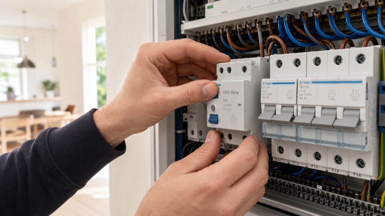 En elektriker installerer en HPFI-afbryder i en moderne eltavle i et lyst hjem