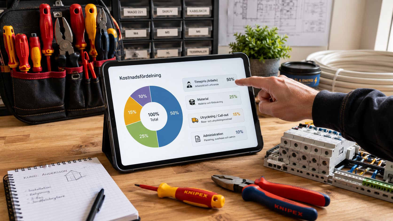 En elektriker viser omkostningsfordelingen for el-arbejde på en tablet i et værksted med værktøj og komponenter.